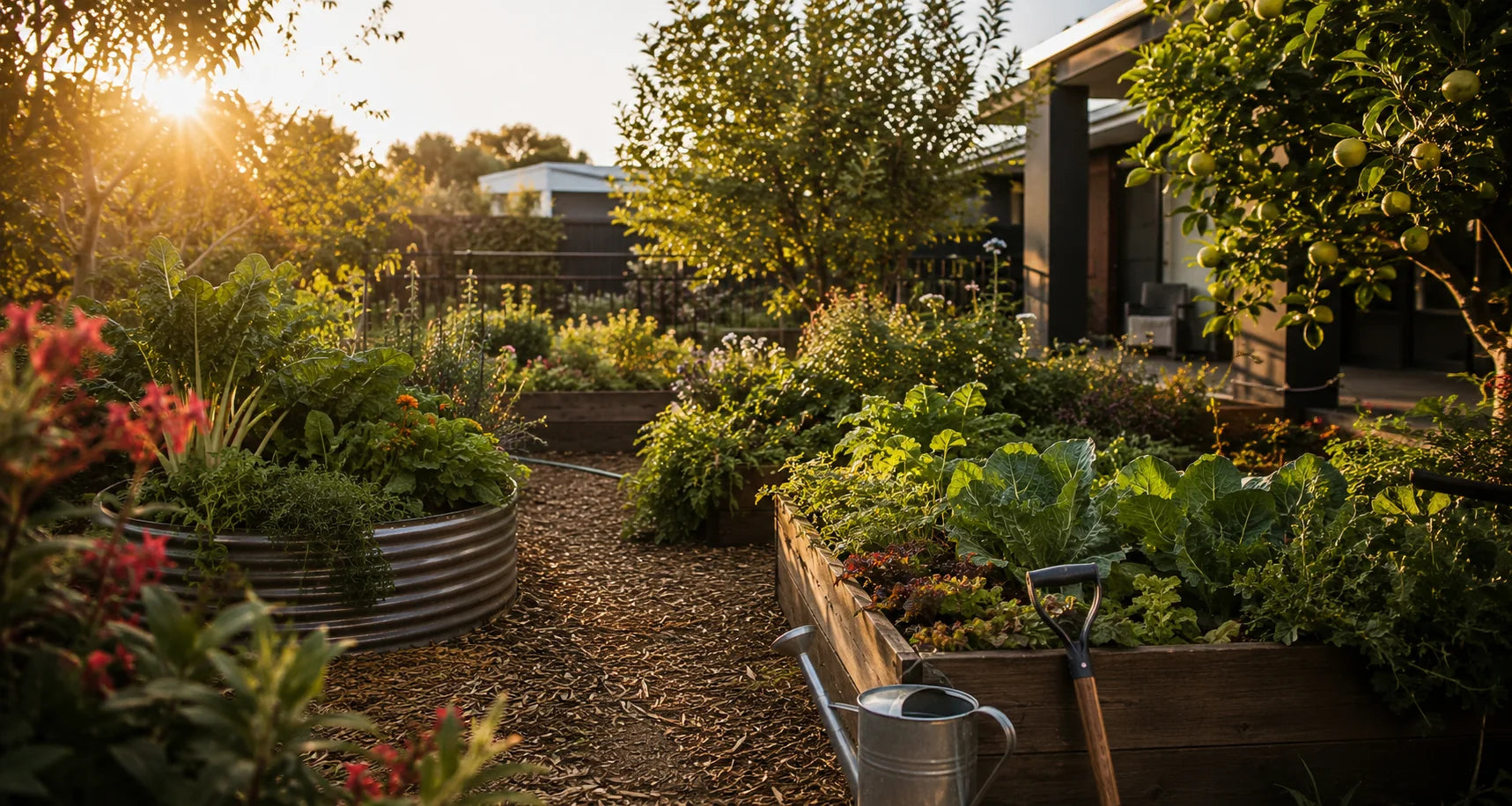 Thriving Australian backyard garden — raised beds, vegetables, fruit trees